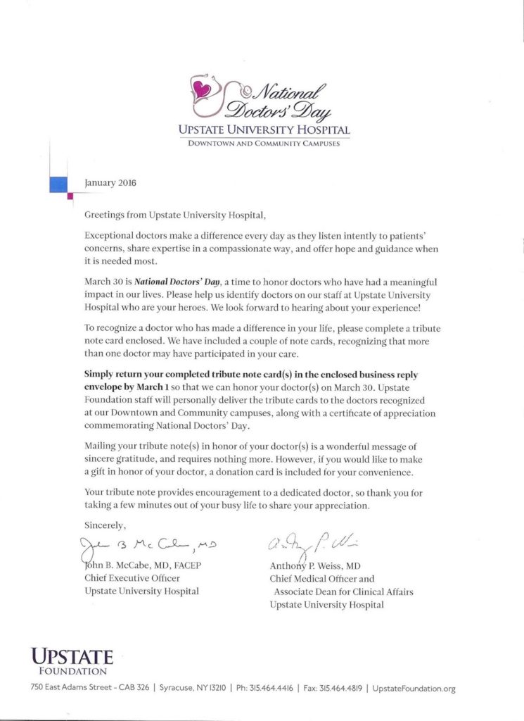 Letter from Upstate University Hospital